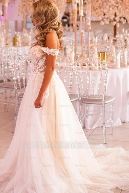 Romantic White A-Line Sweetheart Off-The-Shoulder Lace Court Train Tulle Wedding Dress With Appliques