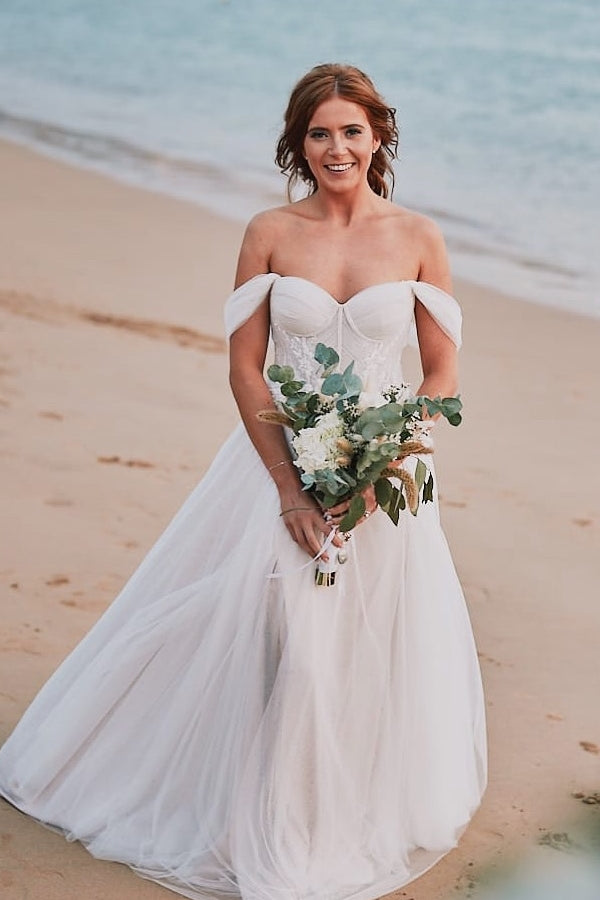 Romantic White A-Line Sweetheart Off-The-Shoulder Sleeveless Long Tulle Wedding Dresses With Appliques
