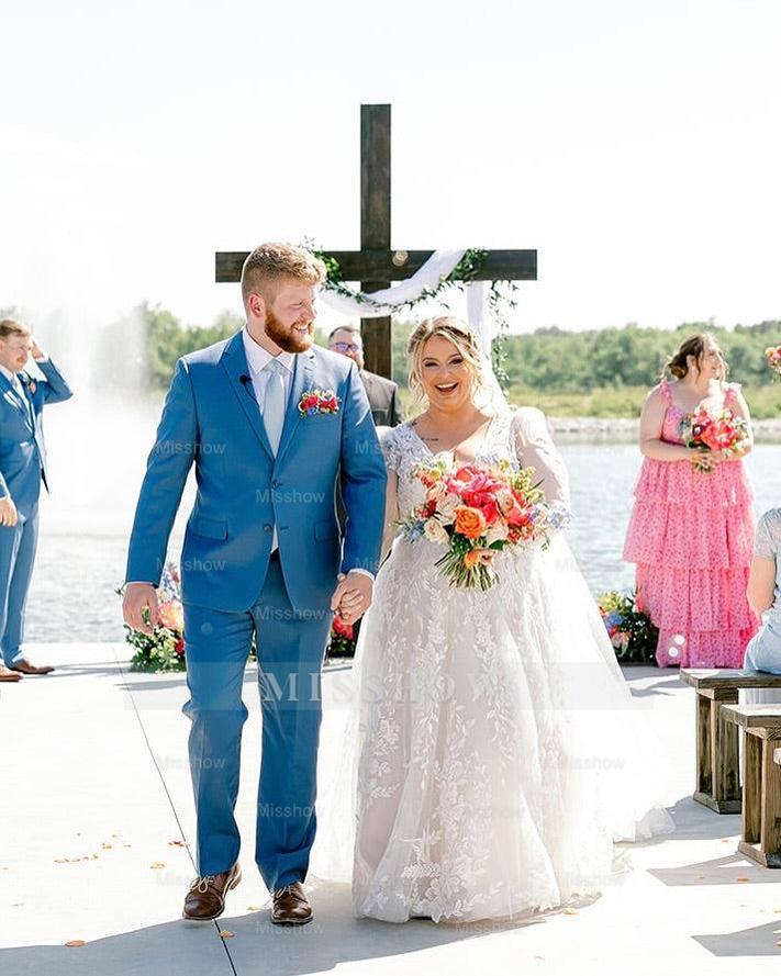 Romantic White A-Line V-Neck Long Sleeves Lace Chapel Train Wedding Dress With Appliques