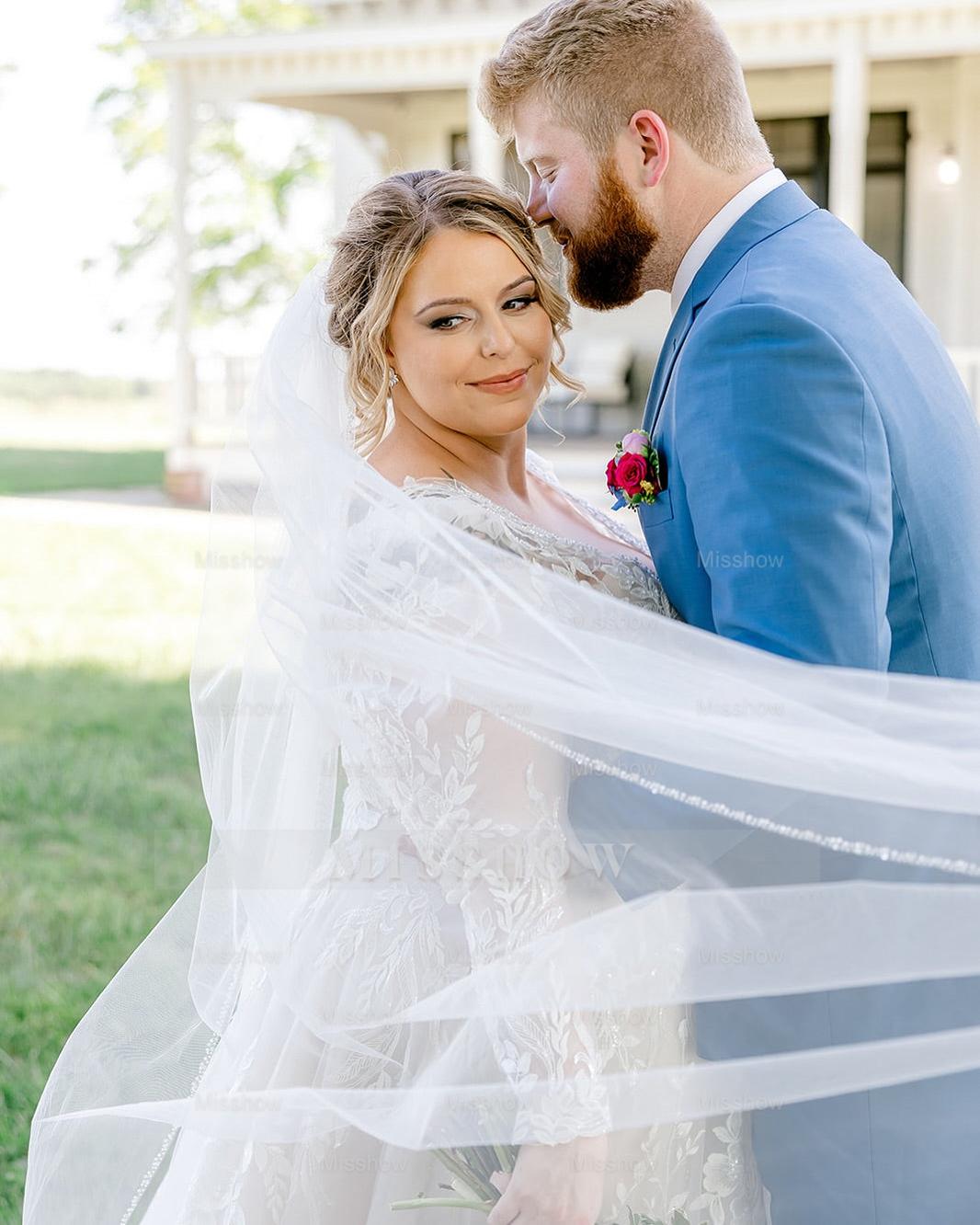 Romantic White A-Line V-Neck Long Sleeves Lace Chapel Train Wedding Dress With Appliques