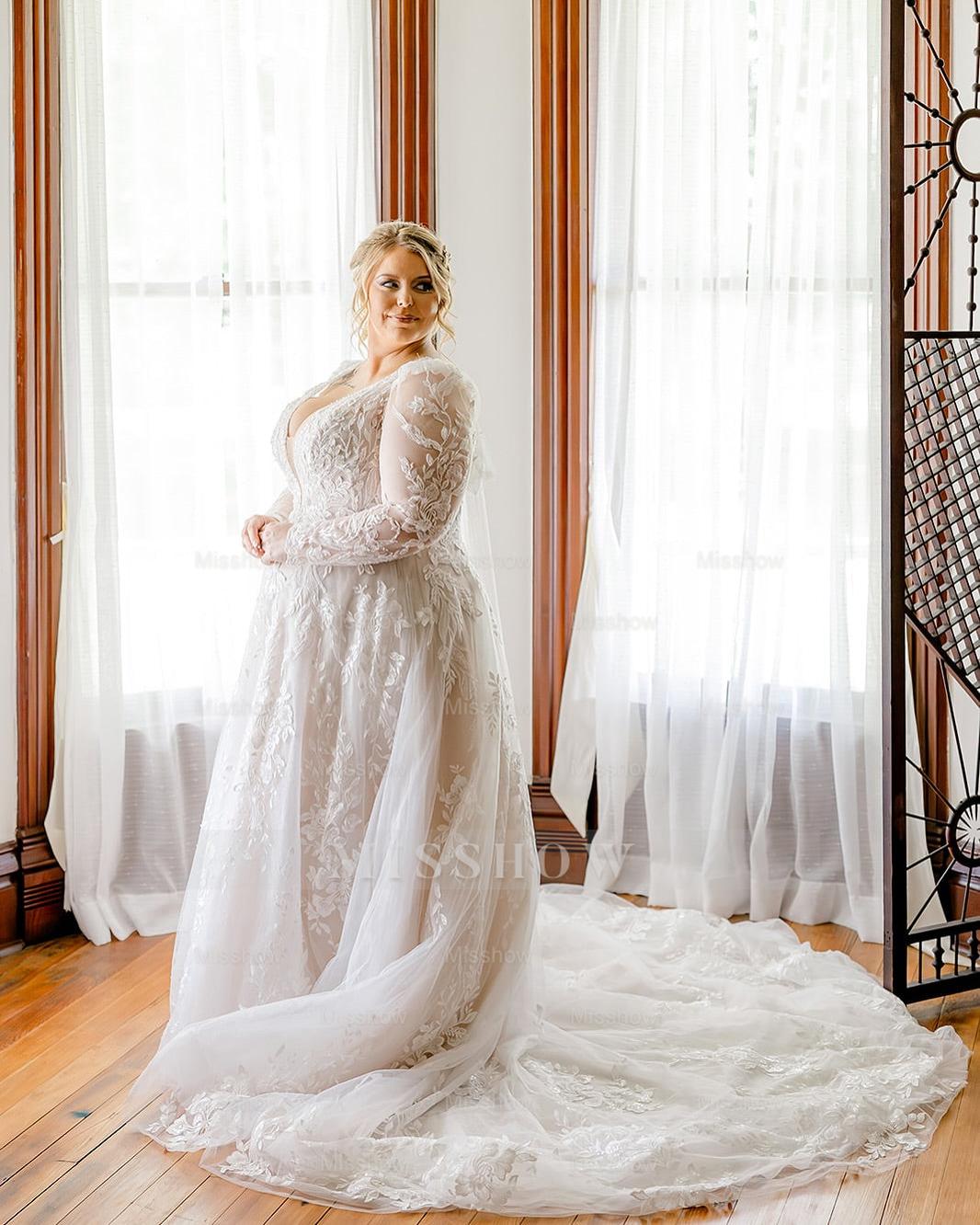 Romantic White A-Line V-Neck Long Sleeves Lace Chapel Train Wedding Dress With Appliques