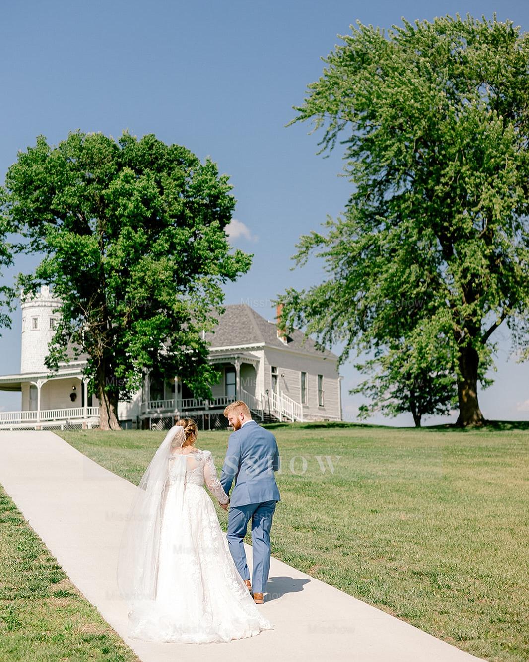 Romantic White A-Line V-Neck Long Sleeves Lace Chapel Train Wedding Dress With Appliques