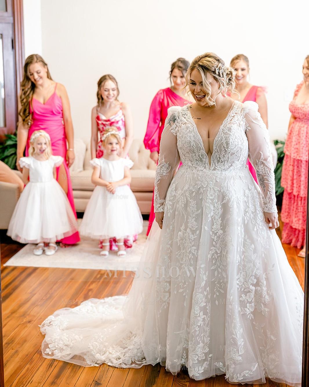 Romantic White A-Line V-Neck Long Sleeves Lace Chapel Train Wedding Dress With Appliques