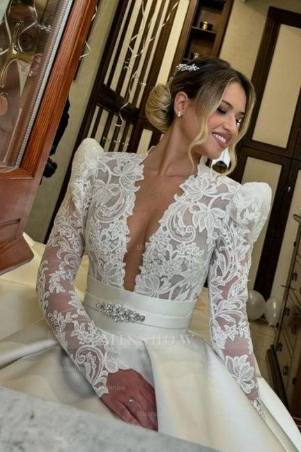 Romantic White Lace Long Sleeves V-Neck Sash Ball Gown Satin Wedding Dresses With Rhinestone