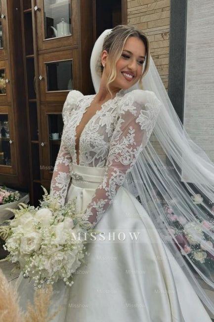 Romantic White Lace Long Sleeves V-Neck Sash Ball Gown Satin Wedding Dresses With Rhinestone