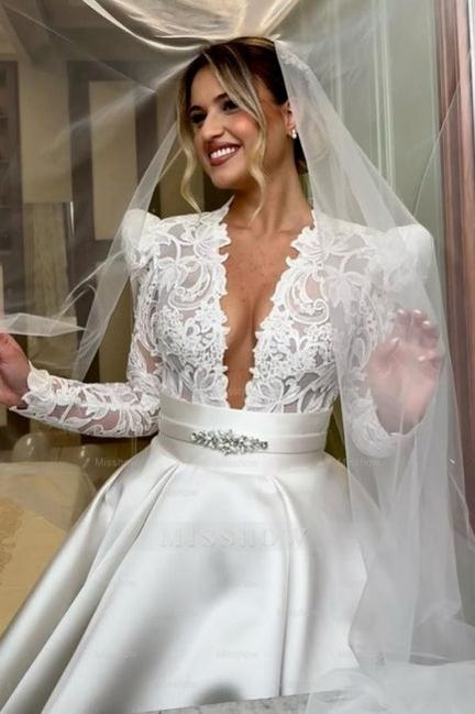 Romantic White Lace Long Sleeves V-Neck Sash Ball Gown Satin Wedding Dresses With Rhinestone