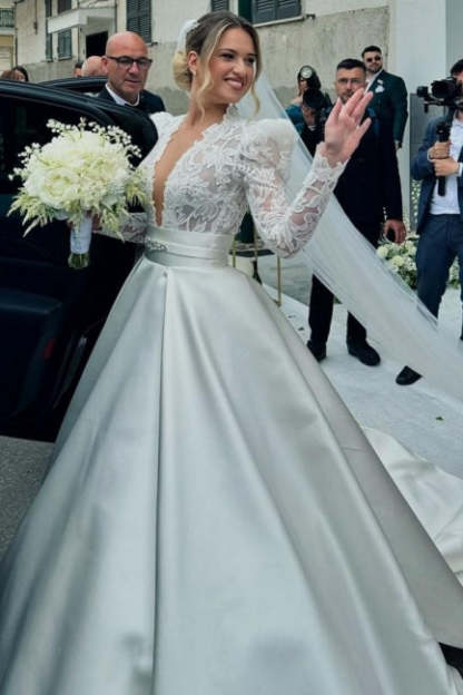 Romantic White Lace Long Sleeves V-Neck Sash Ball Gown Satin Wedding Dresses With Rhinestone