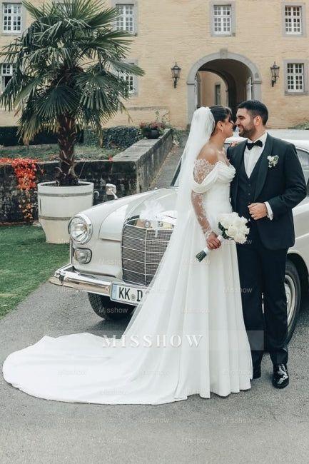 Romantic White Strapless Off-The-Shoulder A-Line Illusion Lace Sleeve Sweep Train Satin Wedding Dresses With Slit