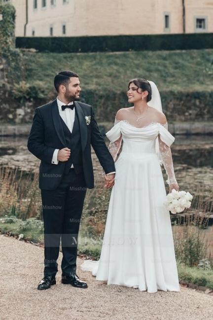 Romantic White Strapless Off-The-Shoulder A-Line Illusion Lace Sleeve Sweep Train Satin Wedding Dresses With Slit