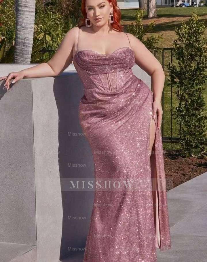 Rose Gold Mermaid Sequins Beautiful Formal Dress Slit With Spaghetti Straps