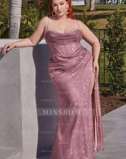 Rose Gold Mermaid Sequins Beautiful Formal Dress Slit With Spaghetti Straps