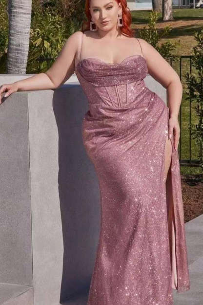 Rose Gold Mermaid Sequins Beautiful Formal Dress Slit With Spaghetti Straps