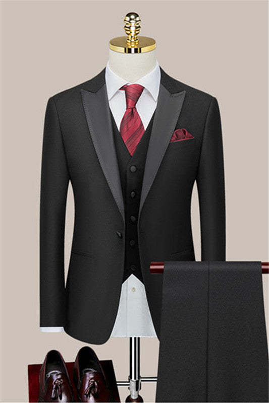 Latest Black Peaked Lapel Three-Piece Tailored Wedding Suit