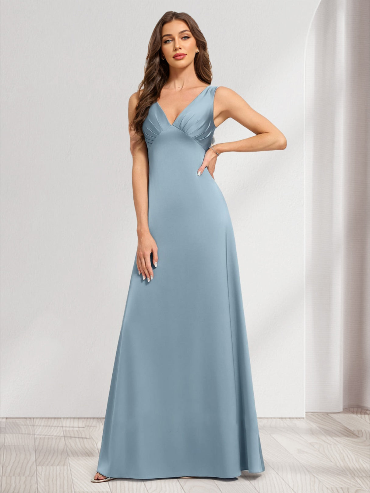 Satin A line V Neck Sleeveless Ruched Bridesmaid Dresses