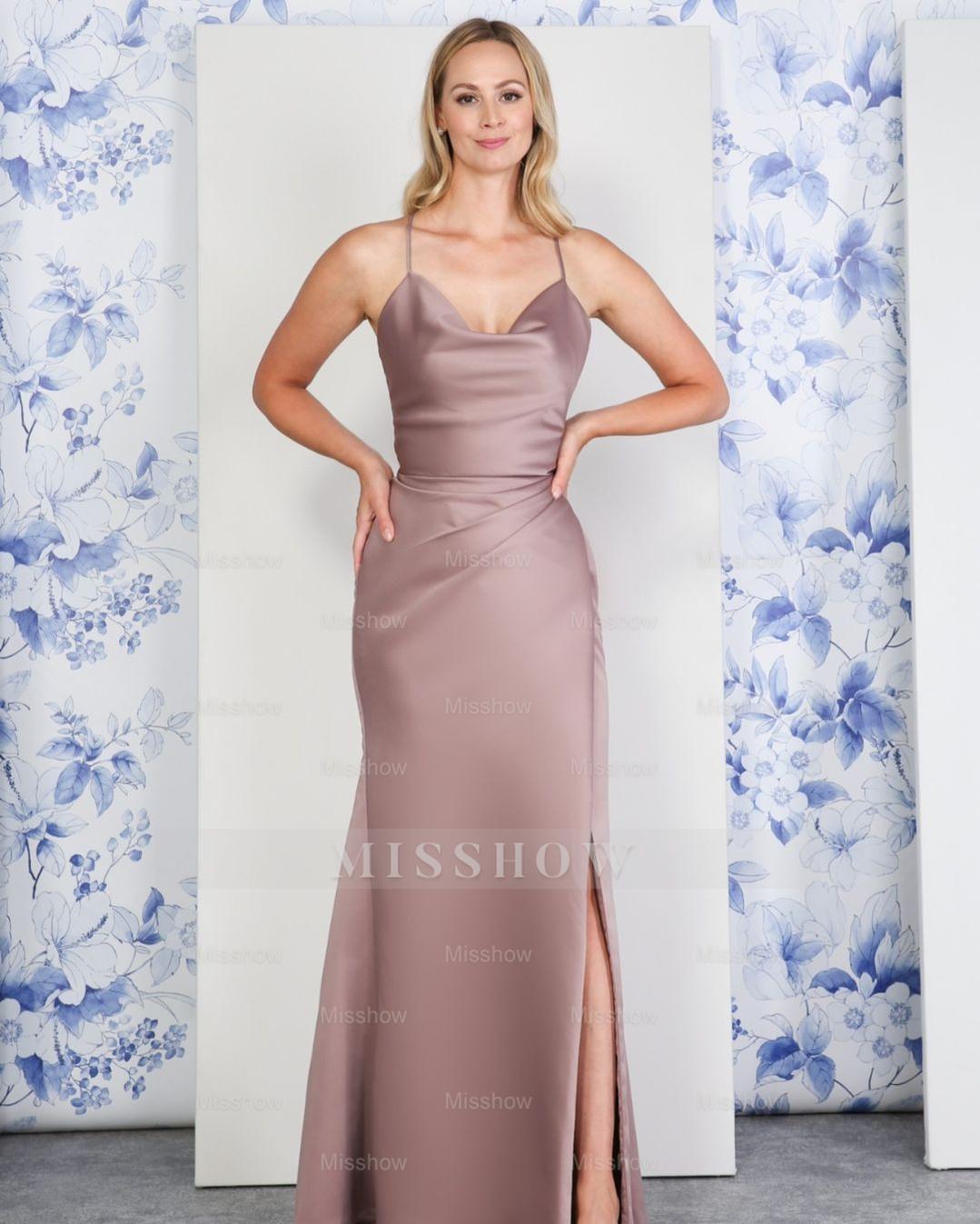 Satin Lace-up Back With High Split Sleeveless Spaghetti Strap Formal Dress