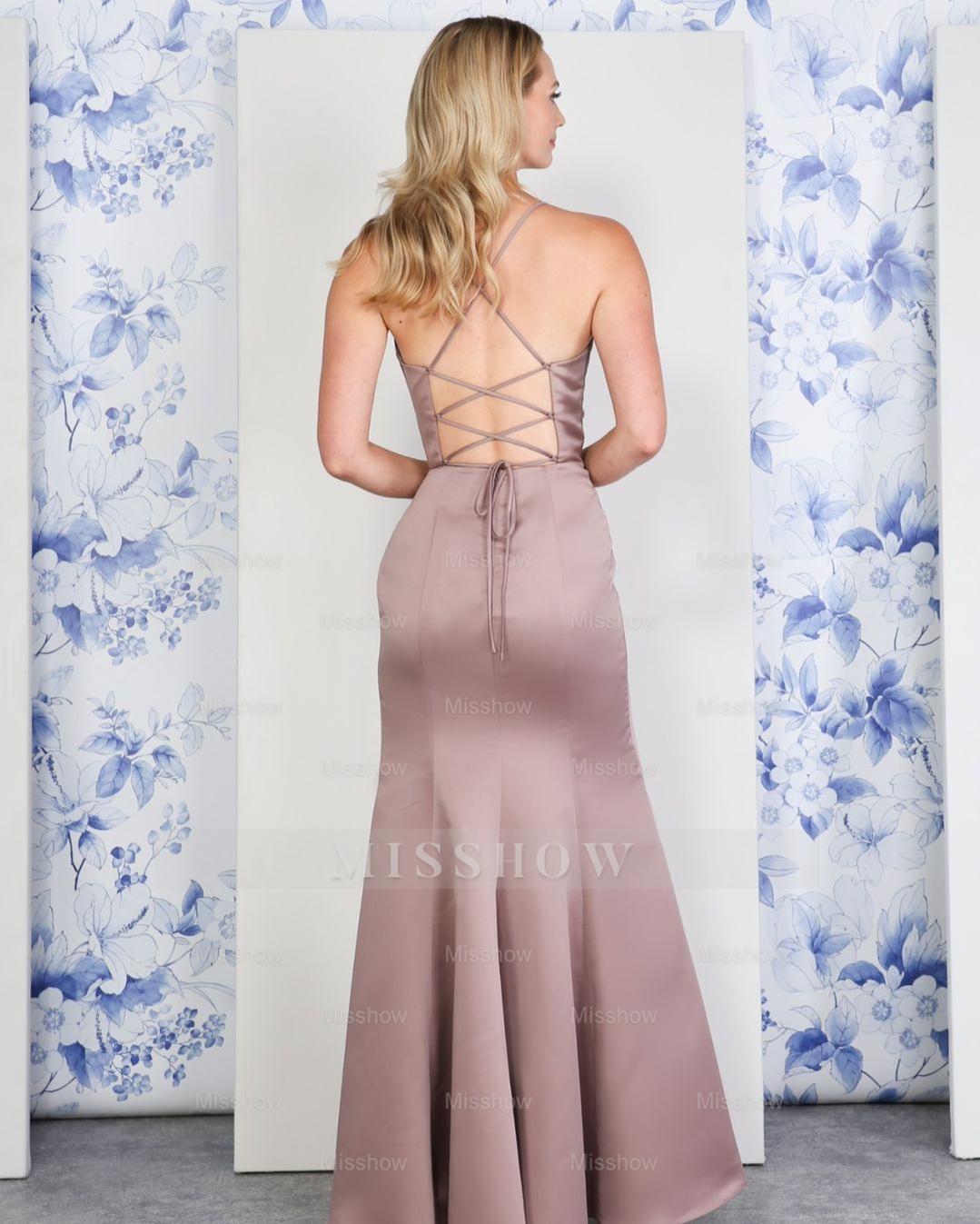 Satin Lace-up Back With High Split Sleeveless Spaghetti Strap Formal Dress