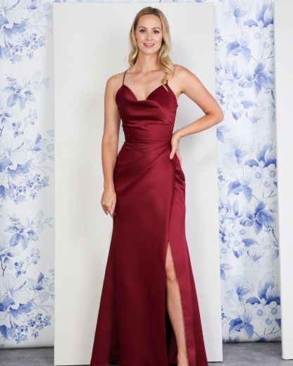 Satin Lace-up Back With High Split Sleeveless Spaghetti Strap Formal Dress