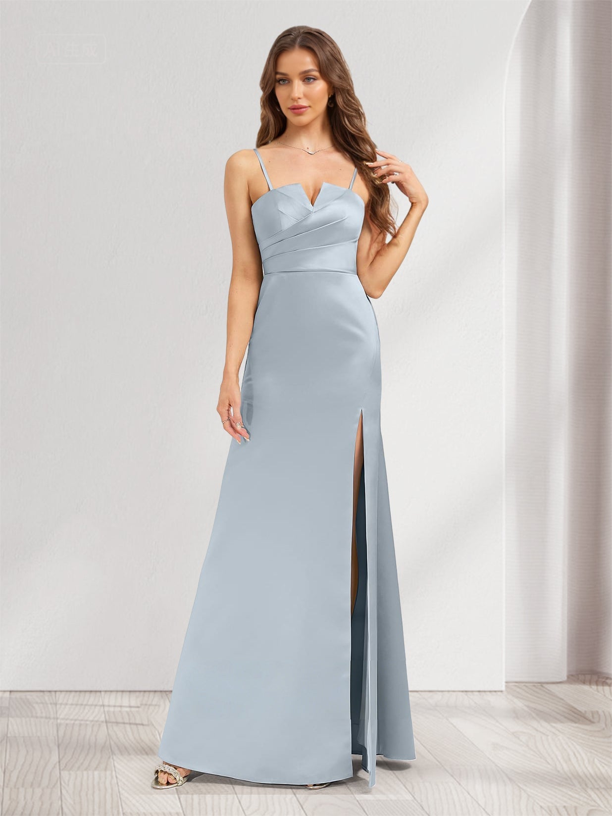 Satin Trumpet Mermaid V Neck Bridesmaid Dresses with Split Side