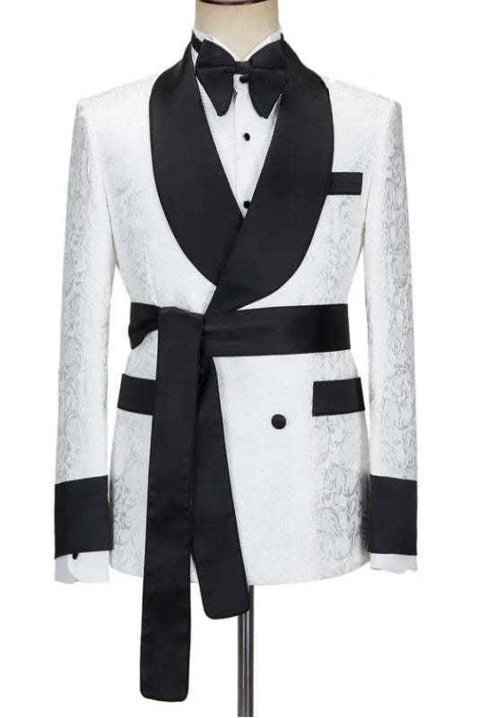 Simple White Double-Breasted Jacquard Suit with Black Shawl Lapel