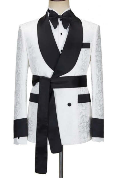 Simple White Double-Breasted Jacquard Suit with Black Shawl Lapel