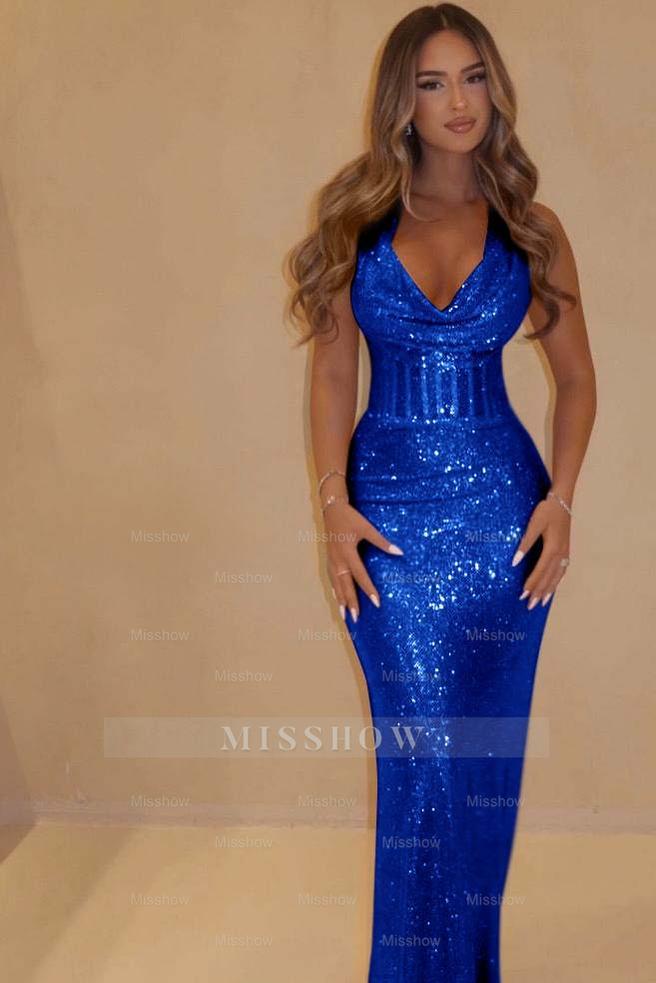 Sequin Halter Sleeveless Long Mermaid Formal Dress With Pleated