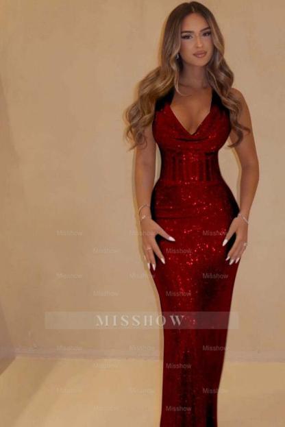 Sequin Halter Sleeveless Long Mermaid Formal Dress With Pleated