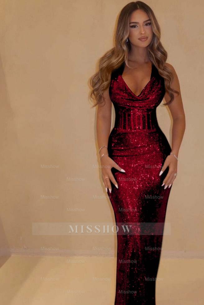Sequin Halter Sleeveless Long Mermaid Formal Dress With Pleated