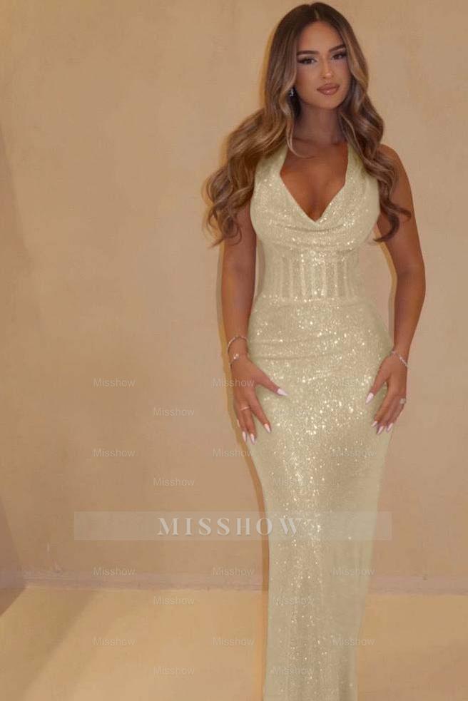 Sequin Halter Sleeveless Long Mermaid Formal Dress With Pleated