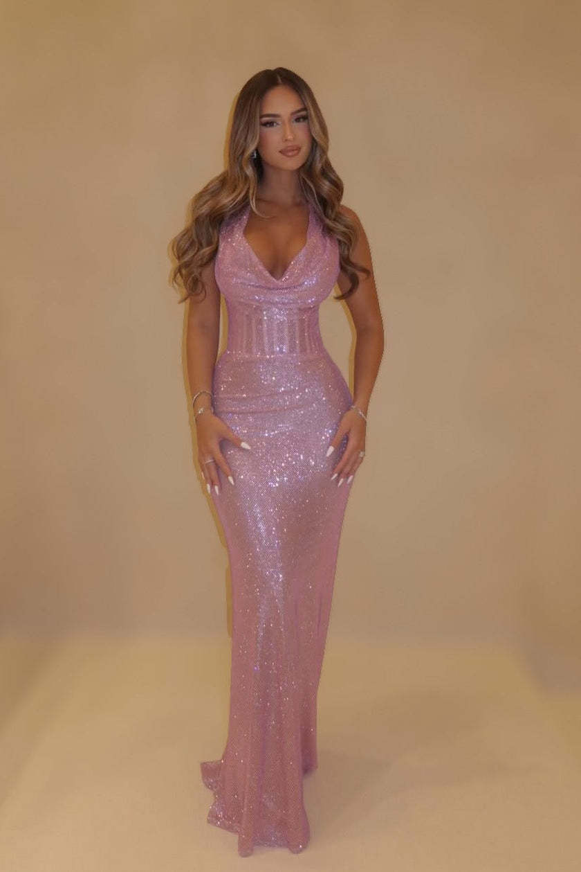 Sequin Halter Sleeveless Long Mermaid Formal Dress With Pleated