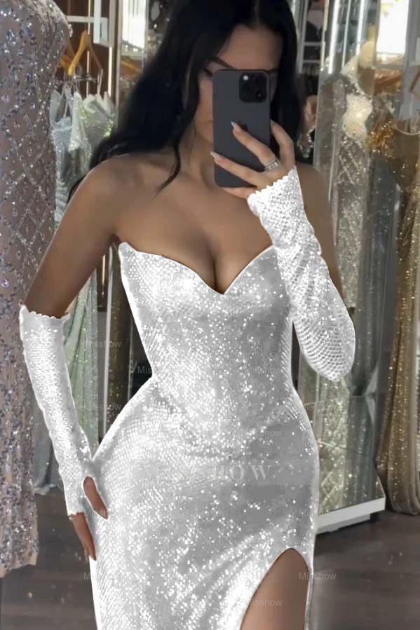 Sequin Strapless Long Mermaid Formal Dress With Split Detachable sleeves