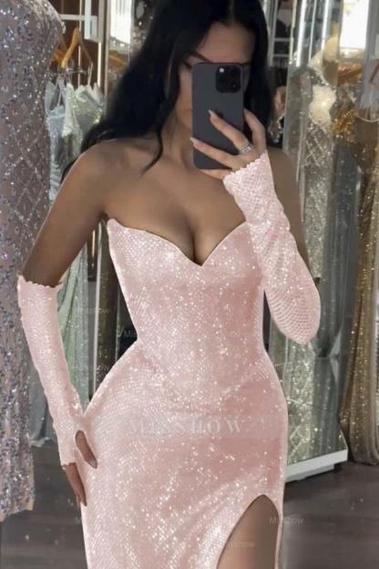 Sequin Strapless Long Mermaid Formal Dress With Split Detachable sleeves