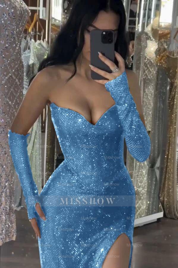 Sequin Strapless Long Mermaid Formal Dress With Split Detachable sleeves