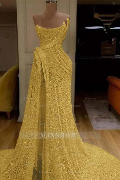 Sequin Strapless Sleeveless Long Mermaid Formal Dress With Split