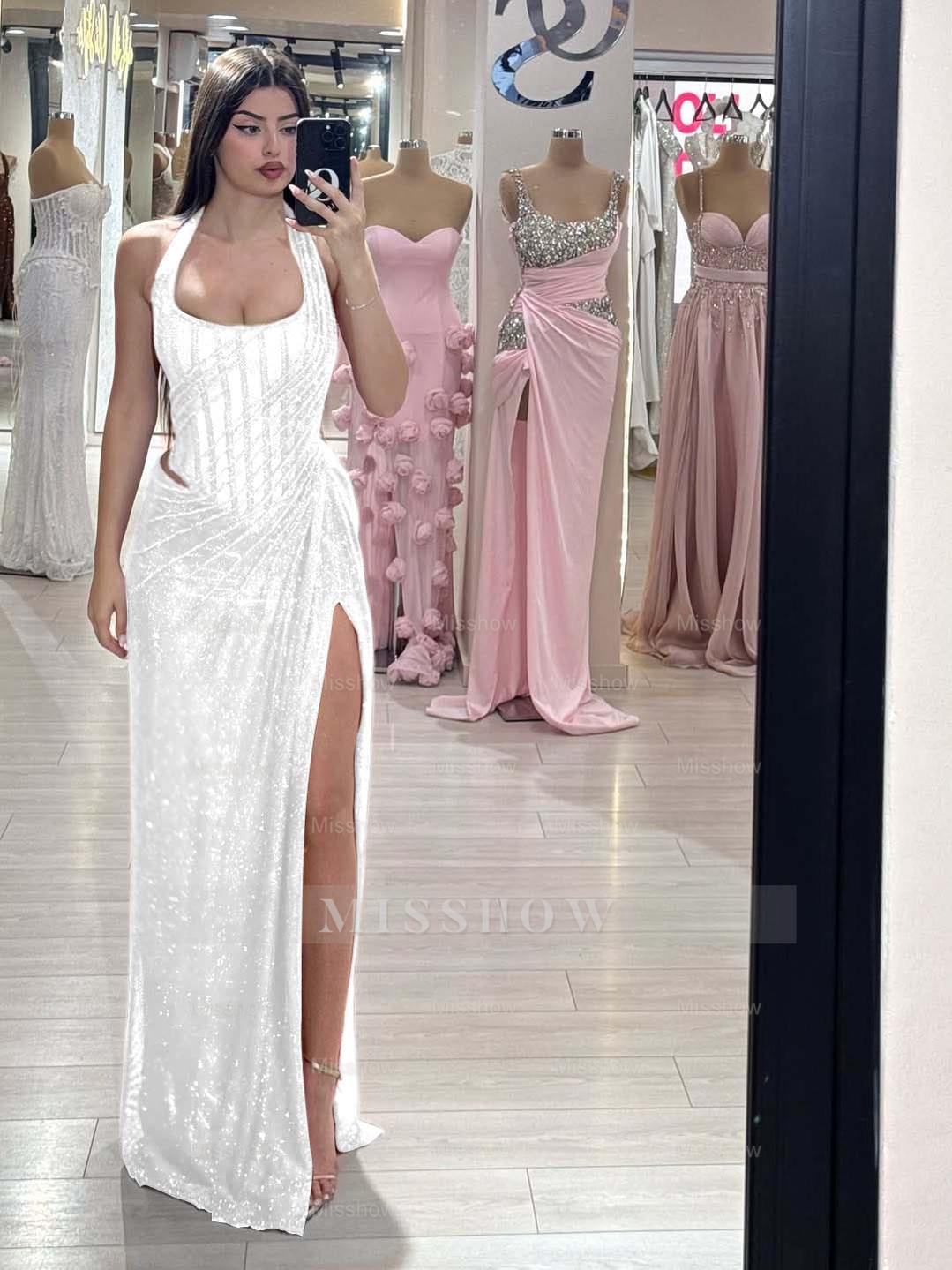 Sequins Halter Sleeveless Long Mermaid Formal Dress With Split