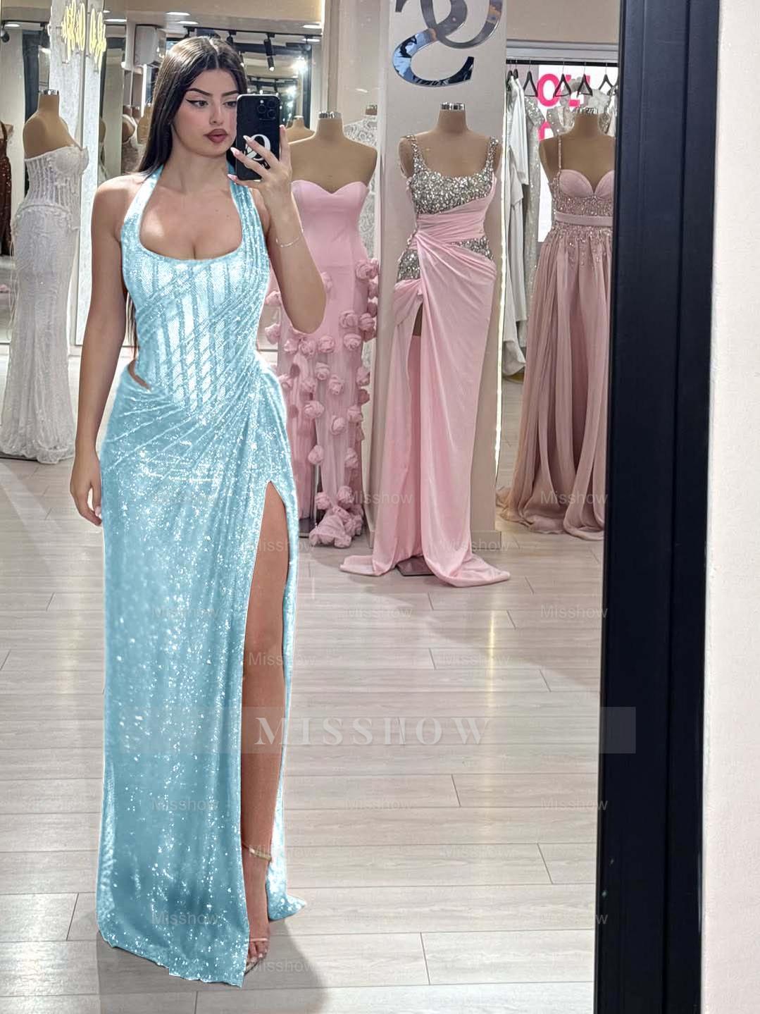 Sequins Halter Sleeveless Long Mermaid Formal Dress With Split