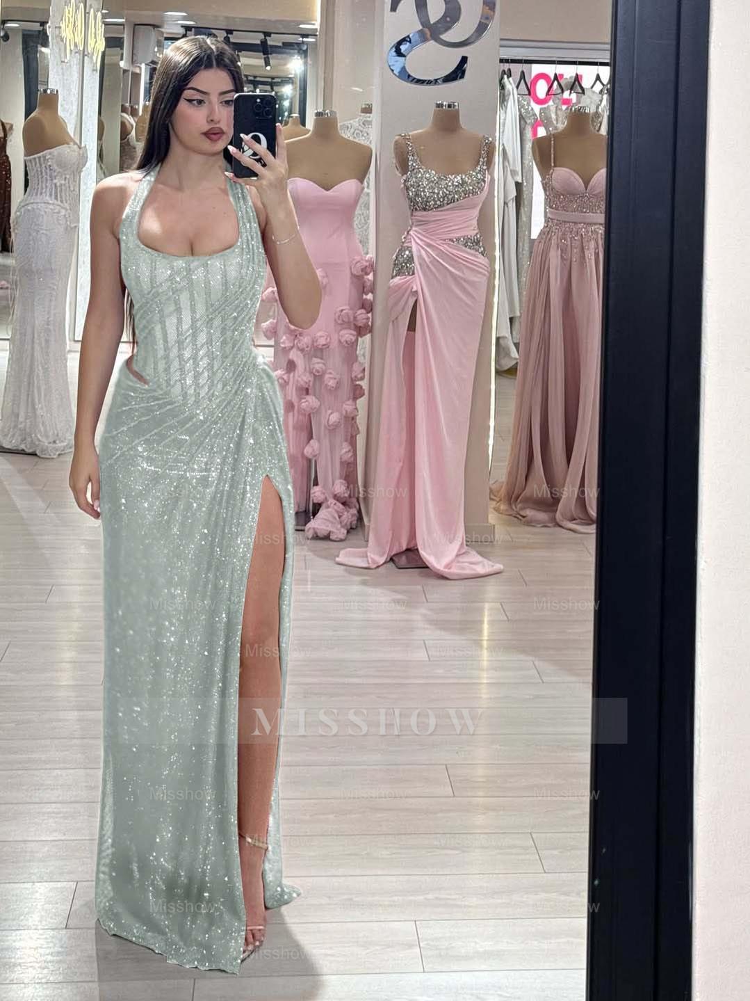 Sequins Halter Sleeveless Long Mermaid Formal Dress With Split