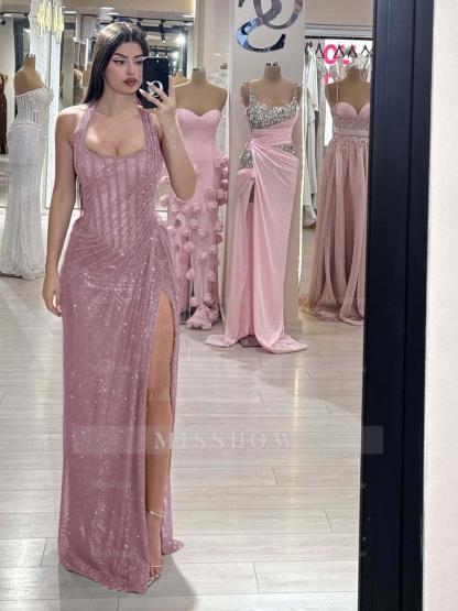 Sequins Halter Sleeveless Long Mermaid Formal Dress With Split
