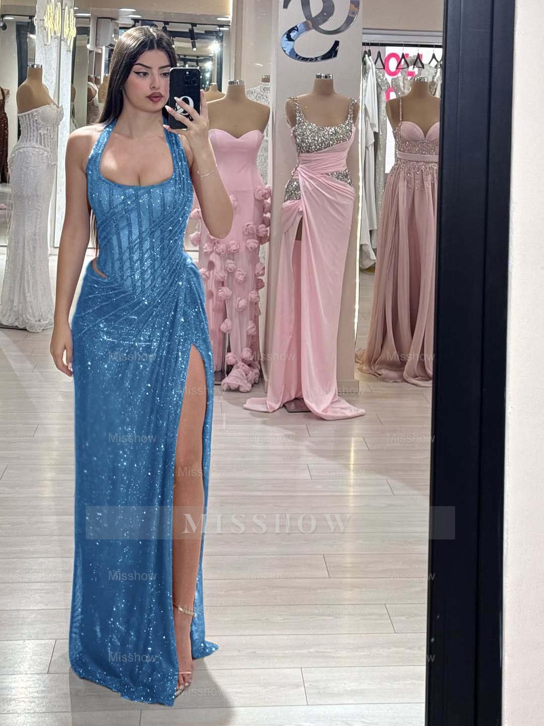 Sequins Halter Sleeveless Long Mermaid Formal Dress With Split