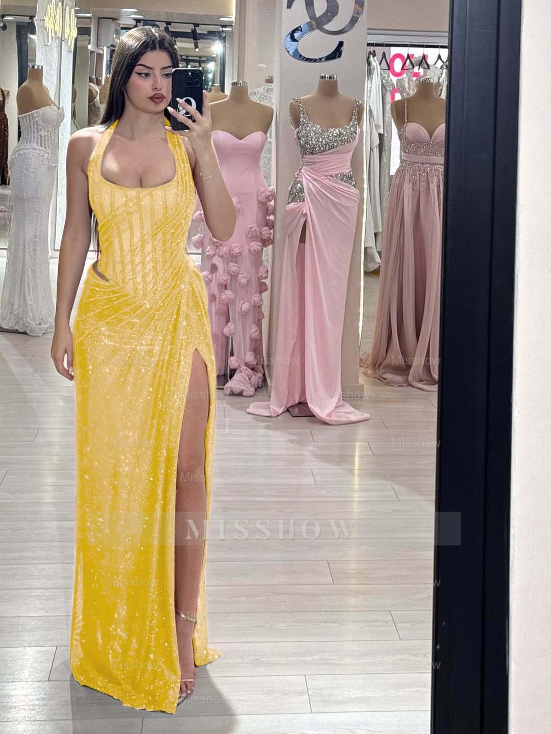 Sequins Halter Sleeveless Long Mermaid Formal Dress With Split