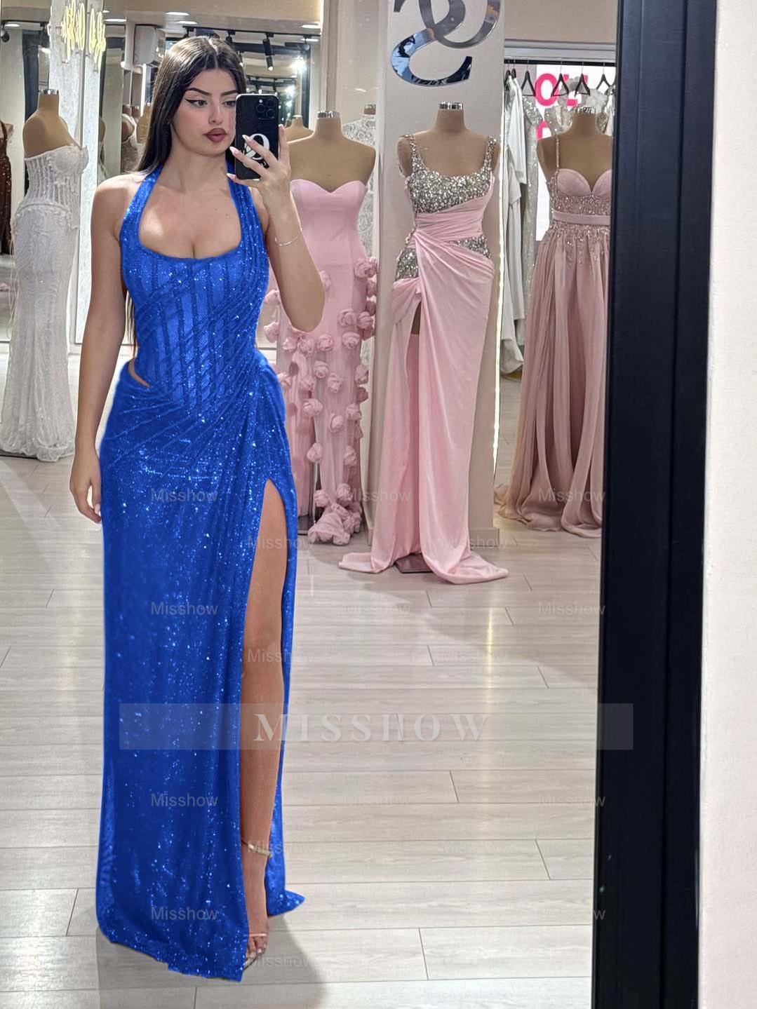 Sequins Halter Sleeveless Long Mermaid Formal Dress With Split