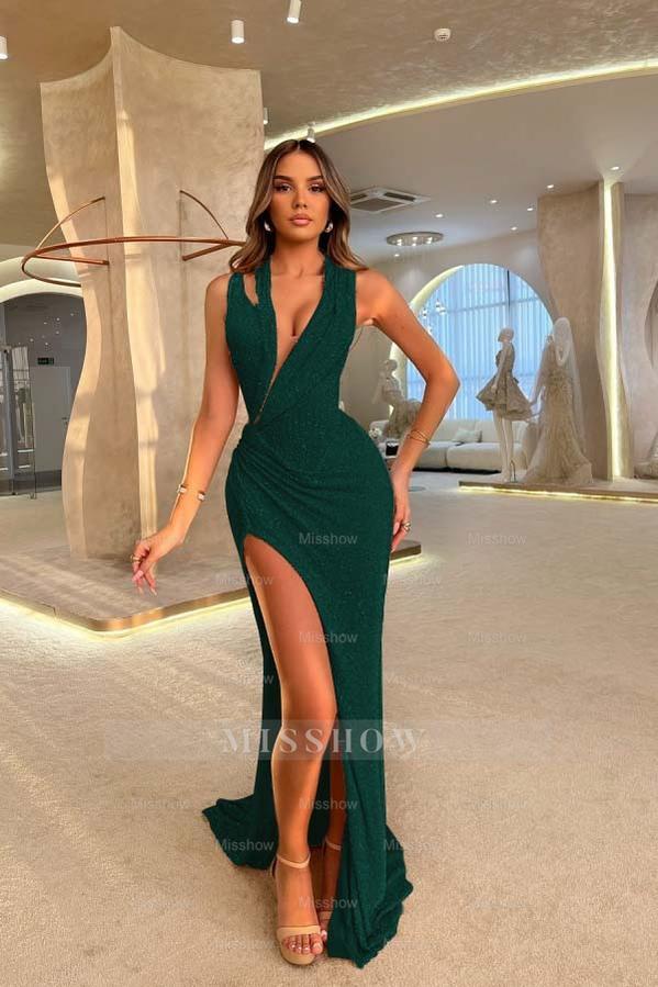 Sequins Halter Sleeveless Long Mermaid Formal Dress With Split Pleated