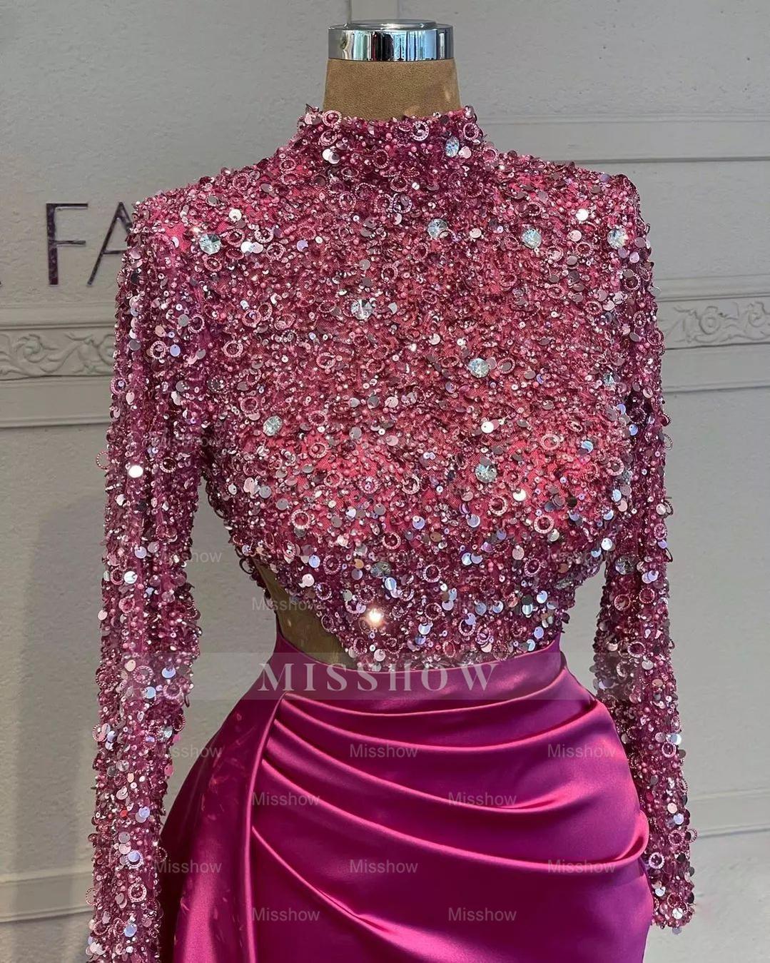 Sequins High Neck Long Sleeves Fuchsia Pleated Long Formal Dress With Split