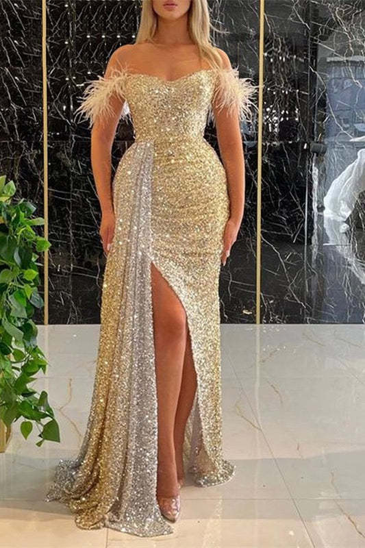 Sequins Off the Shoulder Strapless Mermaid Formal Dress Split With Ruffles