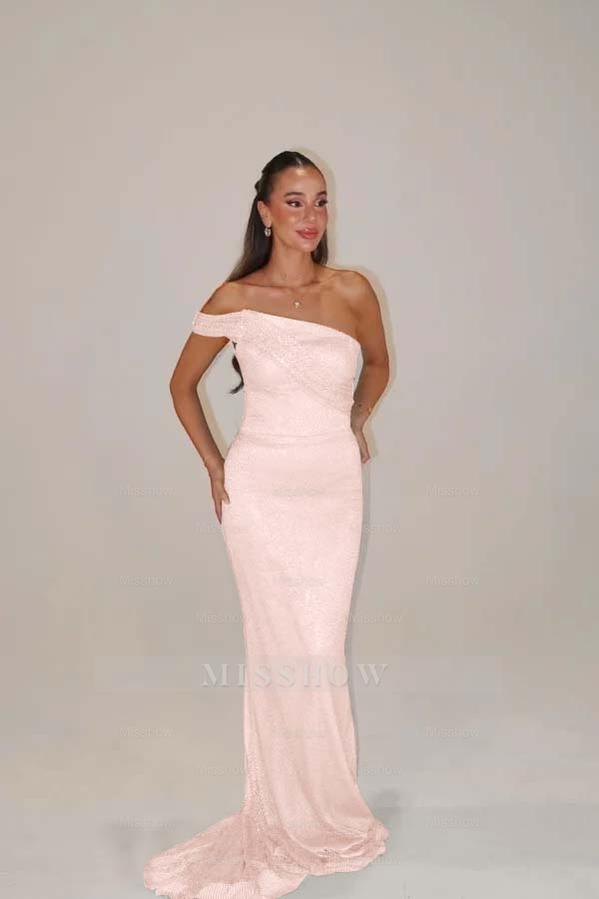 Sequins One Shoulder Sleeveless Long Mermaid Formal Dress With Pleated