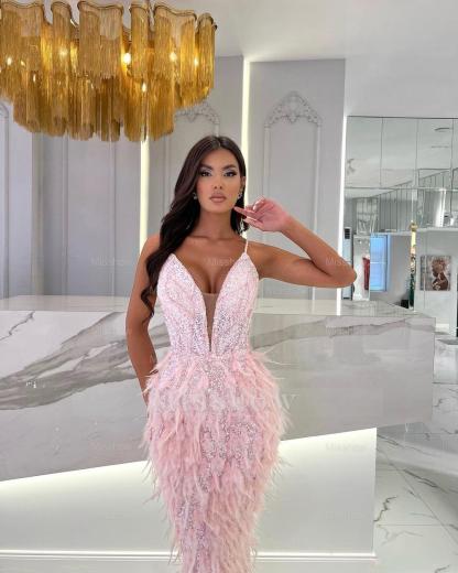 Sequins Short Pink Tassel Formal Dress Sleeveless Spaghetti Strap