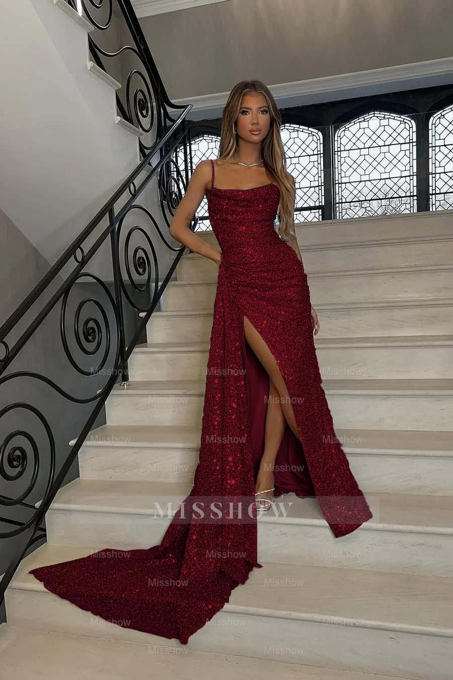 Sequins Spaghetti Strap Sleeveless Long Mermaid Formal Dress With Split