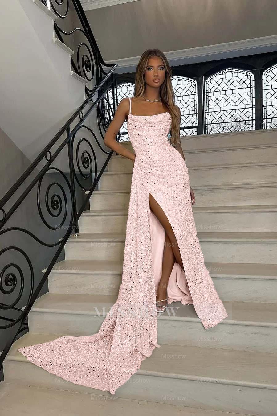 Sequins Spaghetti Strap Sleeveless Long Mermaid Formal Dress With Split