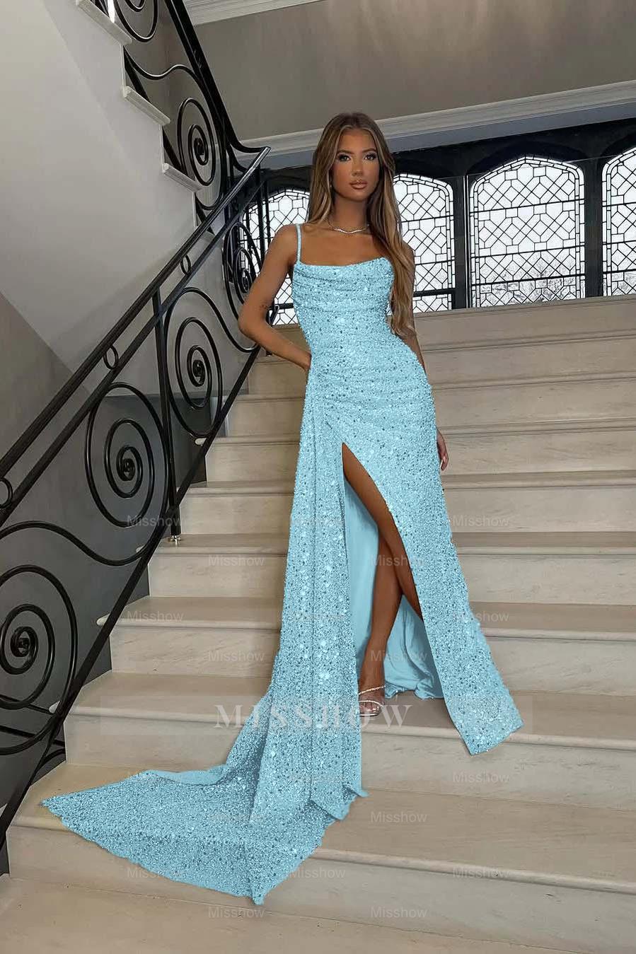Sequins Spaghetti Strap Sleeveless Long Mermaid Formal Dress With Split