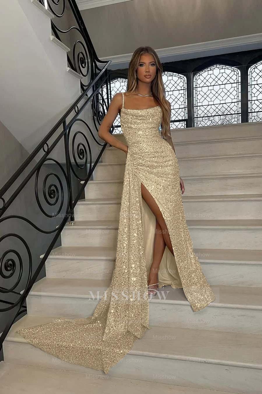 Sequins Spaghetti Strap Sleeveless Long Mermaid Formal Dress With Split