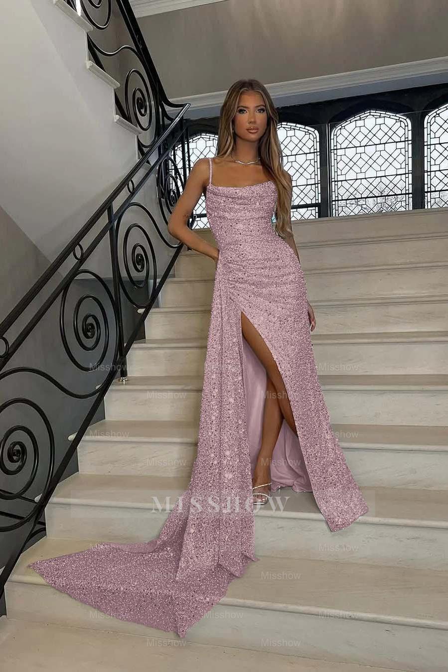 Sequins Spaghetti Strap Sleeveless Long Mermaid Formal Dress With Split